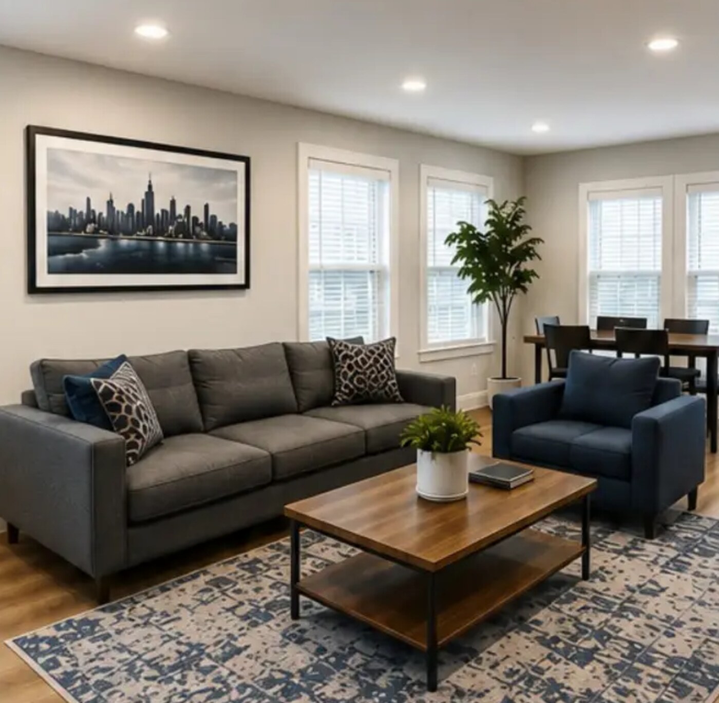 Shared living room with a sofa, armchair, and coffee table beside tall windows
